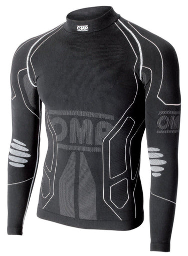 Angled front view of OMP KS Winter-R Shirt showing seamless thermal design and ergonomic stretch zones
